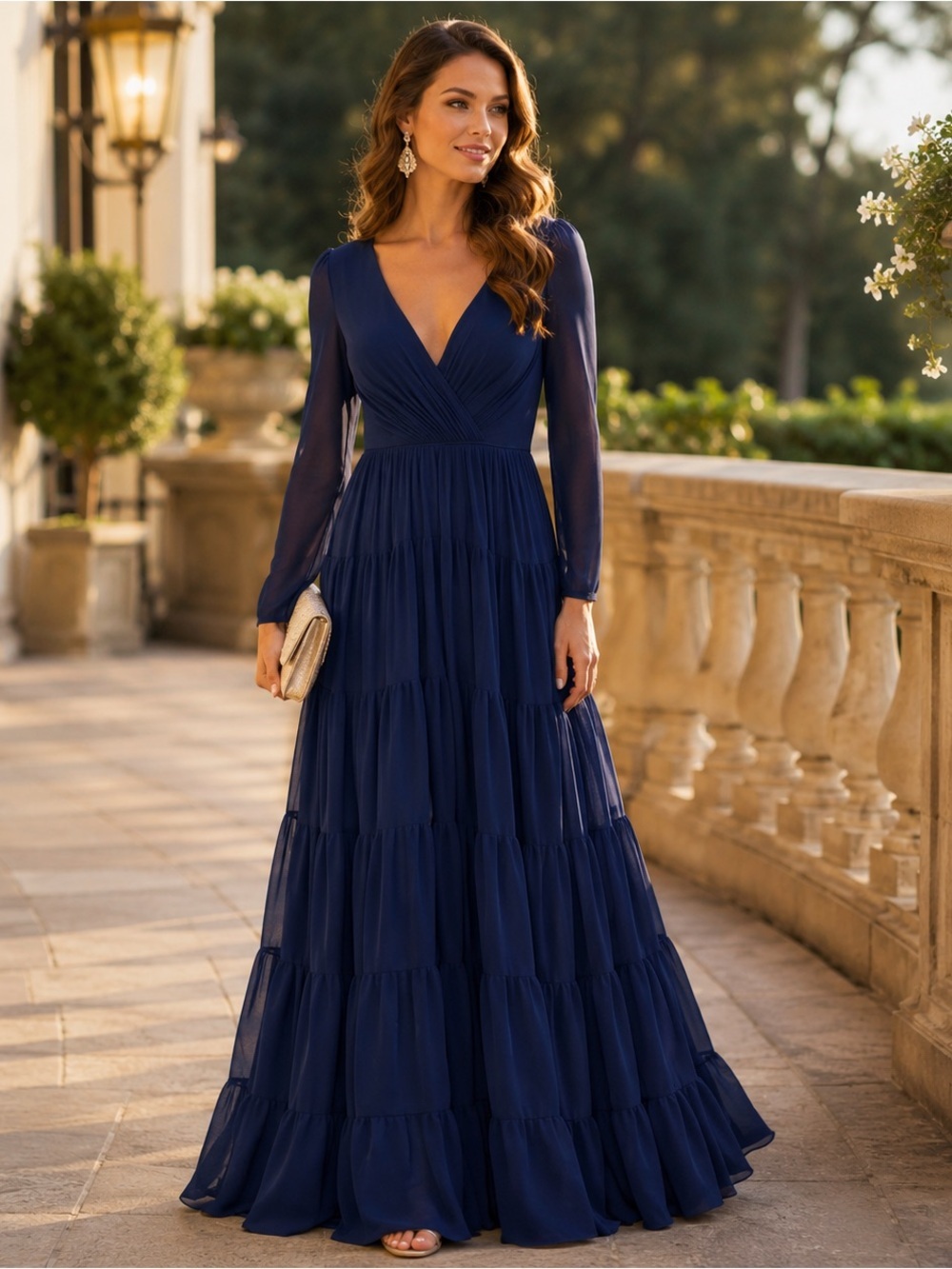 Ieena for Mac Duggal Tiered Chiffon Evening Gown Navy NWT Size 8